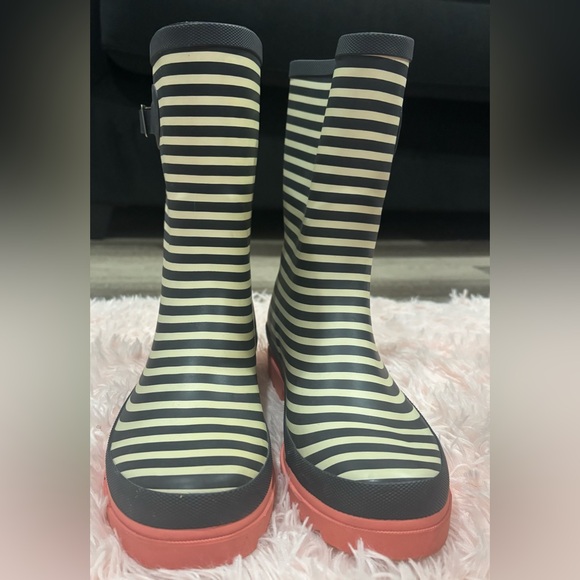 Shoes - Striped Chic Rain Boots with Pink Sole